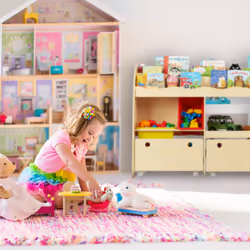 Relaxdays Etagère enfants, rangement de jouets, boîtes en plastique, pour Livres, MDF, HxlxP 88 x 108 x 29 cm brun