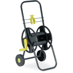 Chariot à tuyau 45 m, Roulettes pour le jardin & le balcon, avec roues, 76,5x44x41 cm, arrosage, gris - jaune - Relaxdays