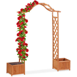 Relaxdays - Jardinière pergola, Bac fleurs, Treillis plante grimpante bois 2 bacs à fleurs, 209 x 181 x 60 cm, orange