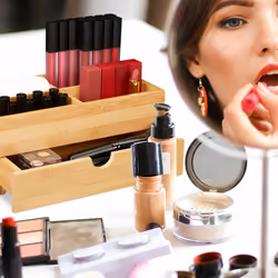 Organiseur cosmétiques en bambou, multifonctions, 4 compartiments et 1 tiroir, boîte à bijoux, bureau, naturel - Relaxdays