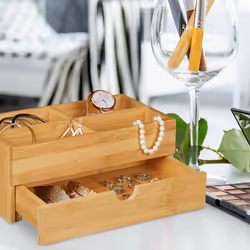 Organiseur cosmétiques en bambou, multifonctions, 4 compartiments et 1 tiroir, boîte à bijoux, bureau, naturel - Relaxdays