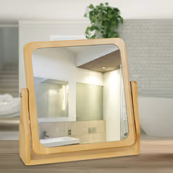 Relaxdays Miroir à cosmétiques, 360° pivotant, carré, sur pied, maquillage, HLP 27x26,5x7 cm, miroir de table, Bambou