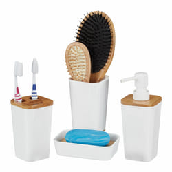 Lot d'accessoires de salle de bain, 4 pièces, moderne, gobelet, support à savon et distributeur de lotion, plastique et bambou, blanc - Relaxdays