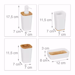 Lot d'accessoires de salle de bain, 4 pièces, moderne, gobelet, support à savon et distributeur de lotion, plastique et bambou, blanc - Relaxdays - Vue supplémentaire 4