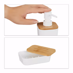 Lot d'accessoires de salle de bain, 4 pièces, moderne, gobelet, support à savon et distributeur de lotion, plastique et bambou, blanc - Relaxdays - Vue supplémentaire 6