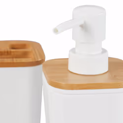Lot d'accessoires de salle de bain, 4 pièces, moderne, gobelet, support à savon et distributeur de lotion, plastique et bambou, blanc - Relaxdays - Vue supplémentaire 7