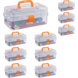 Relaxdays - Boîte en plastique transparente, lot de 10, avec poignée, 9 compartiments pour petits objets, hlp: 14x33x19 cm, orange
