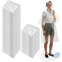 Relaxdays ponchos imperméables jetables, lot de 100, ciré avec capuche, contre la pluie, randonnée, unisexe, transparent