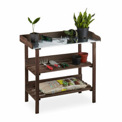 Table à plantes, plaque métallique, Table de dépotage avec rangements, bois, 86 x 92 x 41 cm, marron foncé - Relaxdays