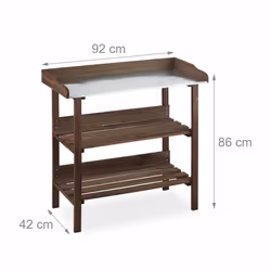Table à plantes, plaque métallique, Table de dépotage avec rangements, bois, 86 x 92 x 41 cm, marron foncé - Relaxdays - Vue supplémentaire 4