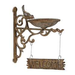 Relaxdays Bain d’oiseaux en fonte de fer, inscription WELCOME, décoration murale, pour le jardin, marron