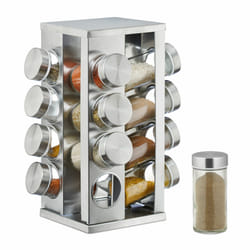 Carrousel à épices, 16 pots en verre, Présentoir à épices inox, rotatif 360°, argenté - Relaxdays
