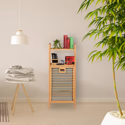 Etagère de salle de bain corbeille à linge, bambou, panier à linge, sac linge sale 95x40x30 cm, nature gris - Relaxdays