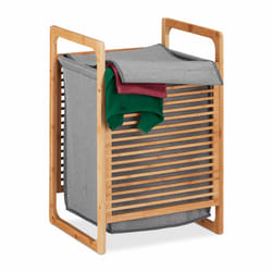 Panier à linge bambou, Coffre à linge, Corbeille à linge couvercle, salle de bain, 60x40x35 cm, nature/gris - Relaxdays