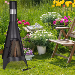 Relaxdays - Cheminée de jardin avec porte de protection, brasero pour le bois, Poêle de jardin, HxD: 120x45cm, acier, noir