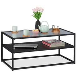 Table basse, support en bois mdf, verre et métal, design moderne, table de salon de classe,HlP 42x90x50 noire - Relaxdays