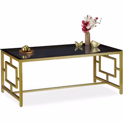 La table basse noble est un meuble bijou pour votre salon. La plaque de verre transparente noire de la table trône sur une st ...