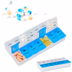 Gardez un aperçu sur vos médicaments journaliers à prendre avec ce pilulier semainier. La boîte est divisée en 14 compartimen ...