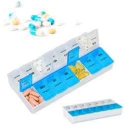 Relaxdays - Pilulier 7 jours, lot de 2, 2 compartiments par pilulier, boîte médicaments semainier matin soir comprimés, blanc bleu