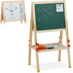 Relaxdays - Tableau droit enfant réglable en hauteur et magnétique, en bois, Blanc et à craie, 81-104 x 45 x 42 cm,nature