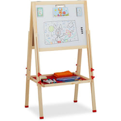 Relaxdays - Tableau droit enfant blanc et pour craie, réglable en hauteur, chevalet en bois, 102-135 x 55 x 52 cm, nature