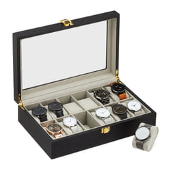 Relaxdays Boîte de montres,12 casiers, fenêtre verre, protection rayures, revêtement en velours, bois, présentoir noir