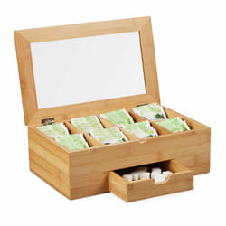 Relaxdays - Boîte à thé fenêtre coffret à thé bois 8 compartiments couvercle tiroir aromes, HxlxP 11x33x20 cm, nature