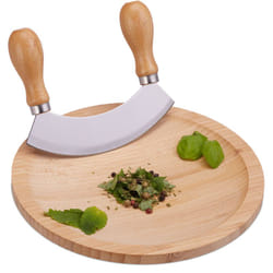 Relaxdays - Berceuse à herbes, Hachoir demi-lune avec planche, couteau inox herbes, planche bambou, HxD: 2 x 20 cm, nature