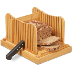 Relaxdays - Trancheur à pain réglable, planche à découper, pour pain, toast, gâteau, bambou, ramasse-miettes, nature