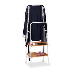 Valet de chambre, serviteur, portant, roulettes, 2 surfaces, serviettes, métal bambou, 129x42x32 cm, blanc - Relaxdays