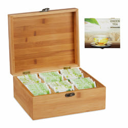 Relaxdays Boîte à thé bambou, coffret, 72 sachets thé, couvercle, 6 compartiments, HxlxP: 9,5 x 22 x 18,5 cm, nature