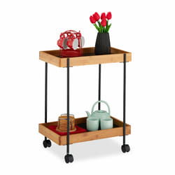 Chariot de service, thé avec 2 étages, Bambou et fer, table d'appoint à roues, 57 x 46 x 28 cm, naturel/noir - Relaxdays