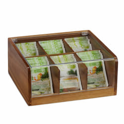 Relaxdays - Boîte à thé bois acacia, coffret 90 sachets thé, couvercle, 6 compartiments, HxlxP: 9,5 x 22 x 20,5 cm, nature