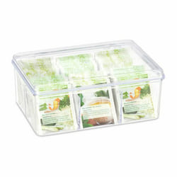 Relaxdays Boîte à thé, coffret, 90 sachets thé, couvercle, 6 compartiments, HxlxP: 9 x 21,5 x 14,5 cm, transparent