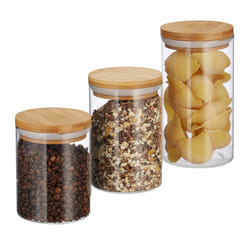 Boîtes de stockage en Verre, jeu de 3, Tailles 500, 700, 1000 ml,pâtes, riz, céréales, Café, d 9,5 cm, bambou - Relaxdays