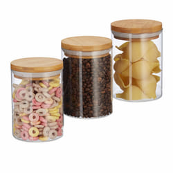 Boîtes de stockage en Verre, jeu de 3, Tailles 600 ml,pâtes, riz, céréales, Café, d 5 cm, bambou - Relaxdays