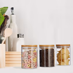 Boîtes de stockage en Verre, jeu de 3, Tailles 600 ml,pâtes, riz, céréales, Café, d 5 cm, bambou - Relaxdays