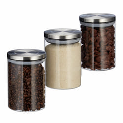 Pots de stockage jeu de 3, 600 ml, étanche, couvercle acier inox, Epices, riz et thé, bocal transparent - Relaxdays