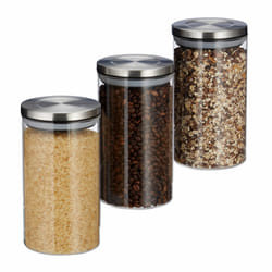 Pots de stockage jeu de 3, 1l, étanche à l'air, couvercle acier inox, Epices, riz , thé, Contenant transparent - Relaxdays