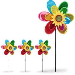 Moulin à vent Fleur, lot de 4, Carillon à vent jouet enfant jardin balcon épouvantail HxlxP 74,5 x 37,5 x 14 cm, coloré