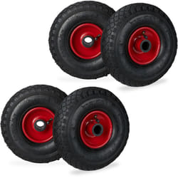Roue de brouette, lot de 4, caoutchouc, roue de rechange, pour axe de 25 mm, 3.00-4, noir-rouge