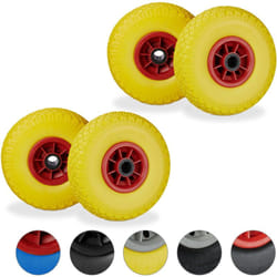 Relaxdays - Roue de brouette, lot de 4, caoutchouc, 3.00-4', roue de rechange, pour axe de 25 mm, 260x85 mm, jaune-rouge