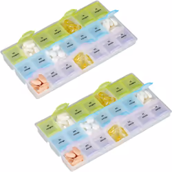Gardez un aperçu sur vos médicaments journaliers à prendre avec ce pilulier semainier. La boîte est divisée en 21 compartimen ...