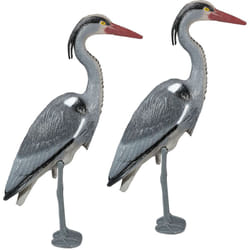 2x Statues de déco héron, protection contre les chasseurs de poissons, oiseau sur pied, étang, à planter, PE, gris