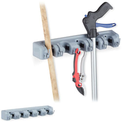 Relaxdays - Porte-balai en fixation murale, lot de 2, 5 supports muraux, 5 crochets, Rangement à outils pour le mur, 40 cm, pp, gris