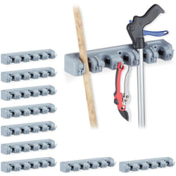 Relaxdays - Porte-balai en fixation murale, lot de 10, 5 supports muraux, 5 crochets, Rangement outils pour le mur, 40 cm, pp, gris