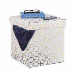 Tabouret pliable, siège rembourré avec couvercle, motif géométrique, rangement, 38x38x38 cm, blanc-doré - Relaxdays