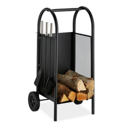 Relaxdays - Chariot à bois de cheminée Serviteur, Charrette bûches Acier, outils de cheminée, pelle,balai,tisonnier,noir