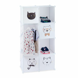 Relaxdays Etagère plug-in Chambre d'enfants, motif chats, 7 casiers, tringle à vêtements HxlxP:145 x 74 x 36,5 cm,blanc