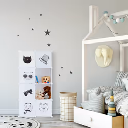 Relaxdays Etagère plug-in Chambre d'enfants, motif chats, 7 casiers, tringle à vêtements HxlxP:145 x 74 x 36,5 cm,blanc